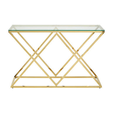 Gold Finish Console Table with Clear Glass Top and Inverted Triangle Base, Allure