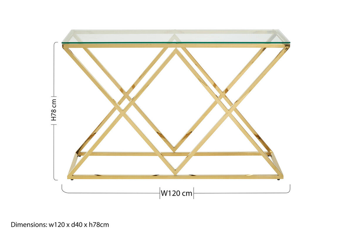 Gold Finish Console Table with Clear Glass Top and Inverted Triangle Base, Allure