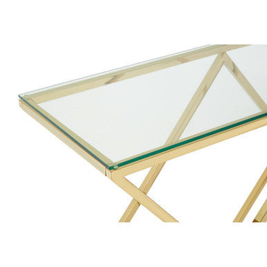 Gold Finish Console Table with Clear Glass Top and Inverted Triangle Base, Allure