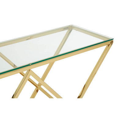 Gold Finish Console Table with Clear Glass Top and Inverted Triangle Base, Allure