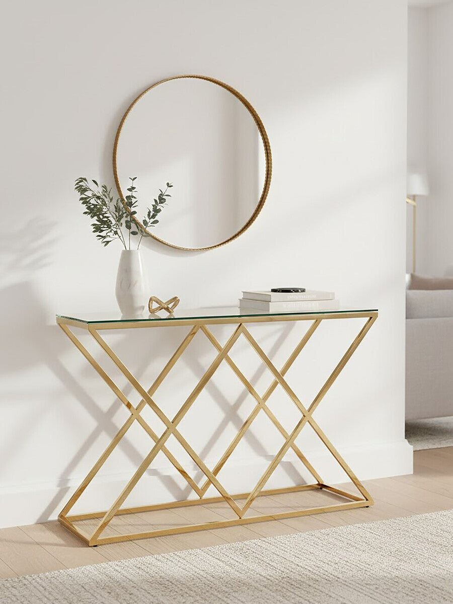 Gold Finish Console Table with Clear Glass Top and Inverted Triangle Base, Allure