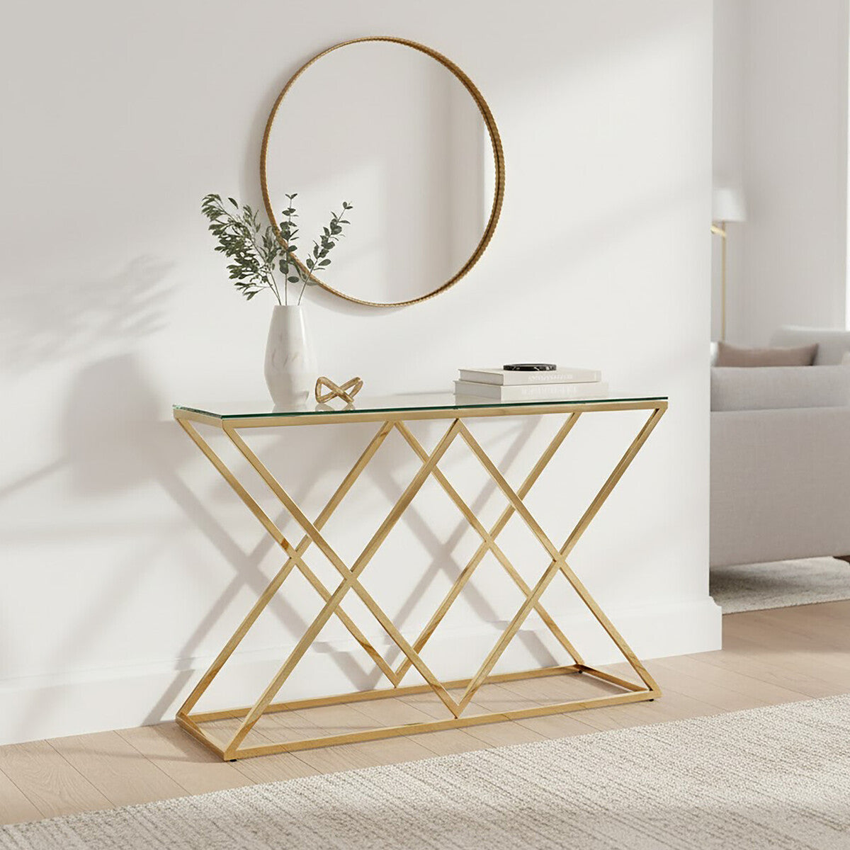 Gold Finish Console Table with Clear Glass Top and Inverted Triangle Base, Allure