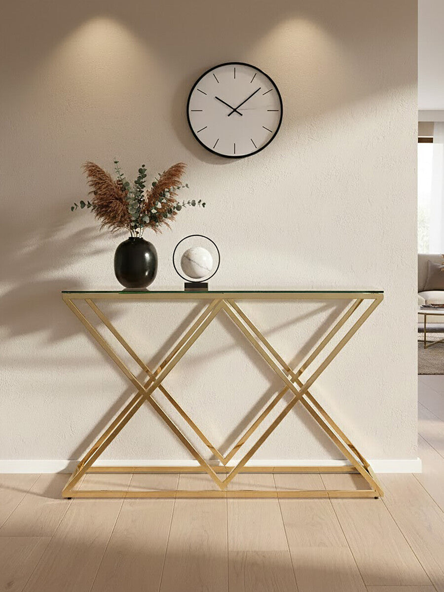 Gold Finish Console Table with Clear Glass Top and Inverted Triangle Base, Allure