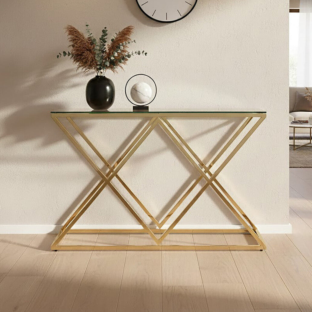 Gold Finish Console Table with Clear Glass Top and Inverted Triangle Base, Allure