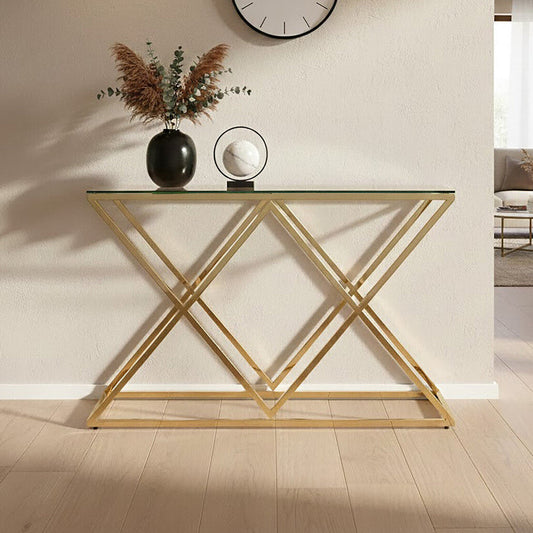 Gold Finish Console Table with Clear Glass Top and Inverted Triangle Base, Allure
