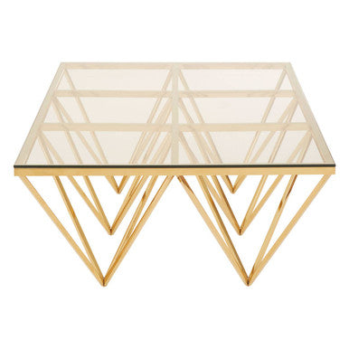Gold Prismatic Base Coffee Table with Clear Glass Top and 6 Pincer Style Legs, Allure