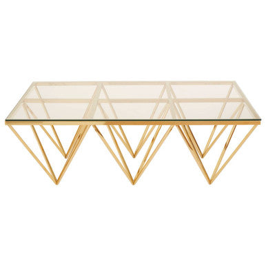 Gold Prismatic Base Coffee Table with Clear Glass Top and 6 Pincer Style Legs, Allure