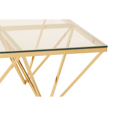 Gold Prismatic Base Coffee Table with Clear Glass Top and 6 Pincer Style Legs, Allure