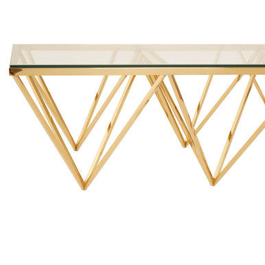 Gold Prismatic Base Coffee Table with Clear Glass Top and 6 Pincer Style Legs, Allure