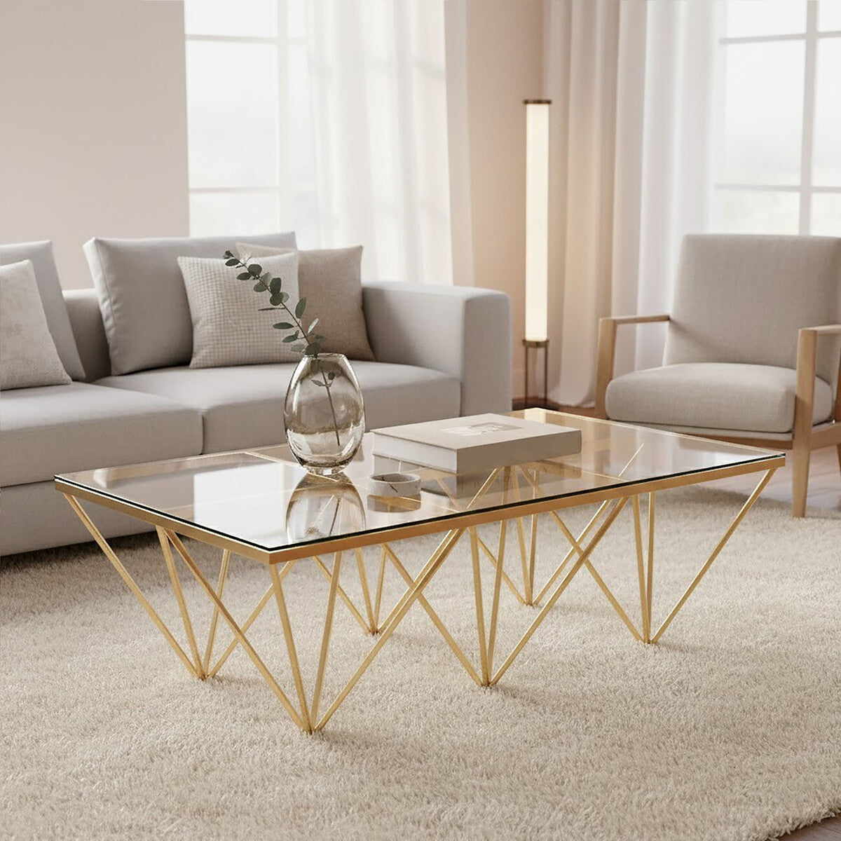 Gold Prismatic Base Coffee Table with Clear Glass Top and 6 Pincer Style Legs, Allure