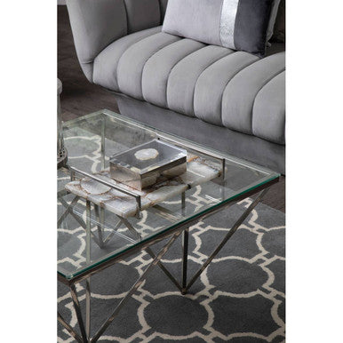 Silver Tempered Glass Coffee Table with Reflective Steel 4 Leg Base, Allure