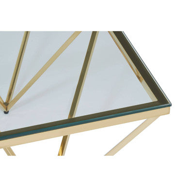 Gold Prismatic Square Coffee Table with Clear Glass Top and Pincer Style Legs, Allure