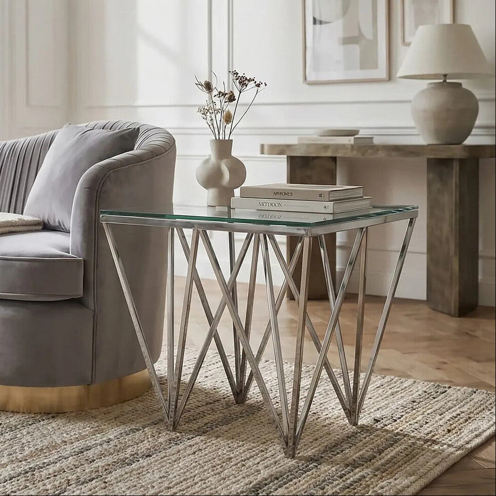 Allure Clear Glass Square Side Table with Silver Finish Spike Base