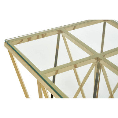 Gold Finish Side Table with Tempered Glass Top and Sculptural Metal Base, Allure