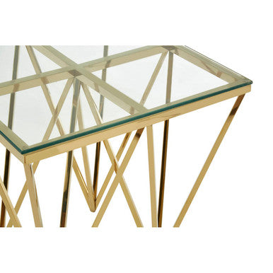 Gold Finish Side Table with Tempered Glass Top and Sculptural Metal Base, Allure