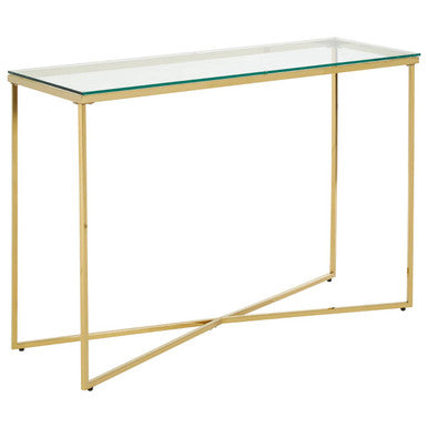 Gold Finish Cross Base Console Table with Clear Tempered Glass Top, Allure