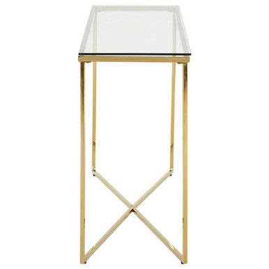 Allure Clear Glass Console Table with Gold Finish Cross Frame