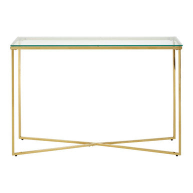 Gold Finish Cross Base Console Table with Clear Tempered Glass Top, Allure