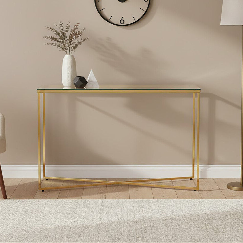 Gold Finish Cross Base Console Table with Clear Tempered Glass Top, Allure