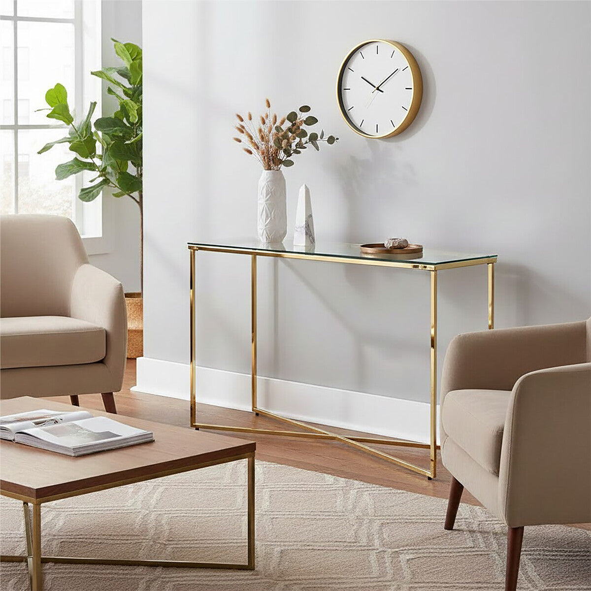 Gold Finish Cross Base Console Table with Clear Tempered Glass Top, Allure