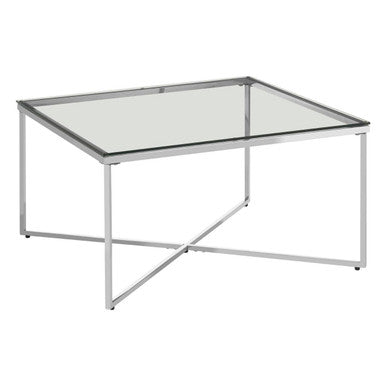Silver Cross Base Coffee Table with Clear Tempered Glass Top, Allure