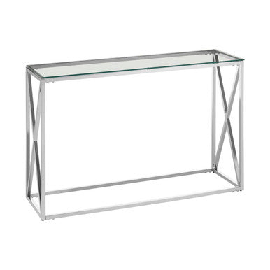 Silver Minimal Console Table with Cross Detail and Clear Tempered Glass Top, Allure