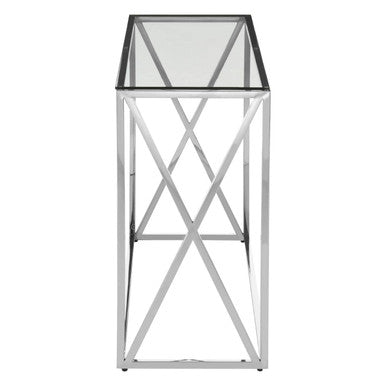 Silver Minimal Console Table with Cross Detail and Clear Tempered Glass Top, Allure