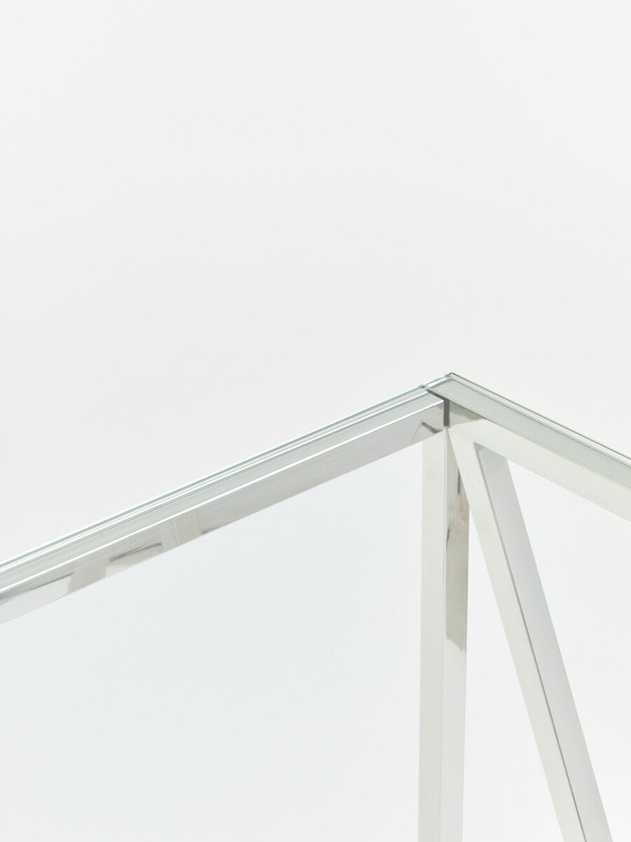 Silver Minimal Console Table with Cross Detail and Clear Tempered Glass Top, Allure
