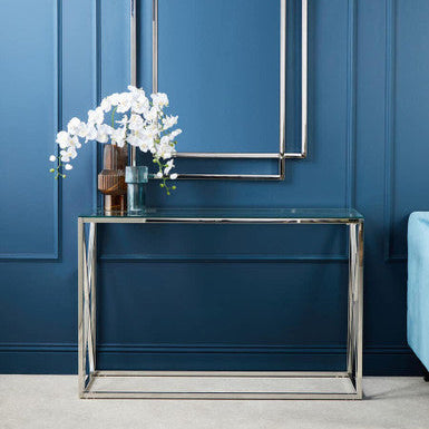 Silver Minimal Console Table with Cross Detail and Clear Tempered Glass Top, Allure