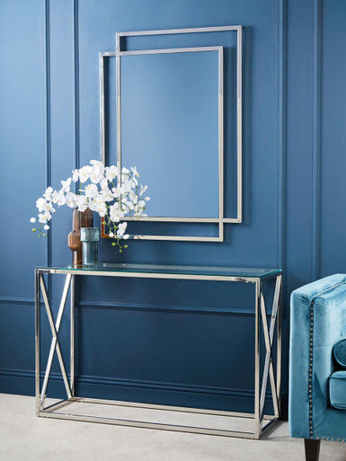 Silver Minimal Console Table with Cross Detail and Clear Tempered Glass Top, Allure
