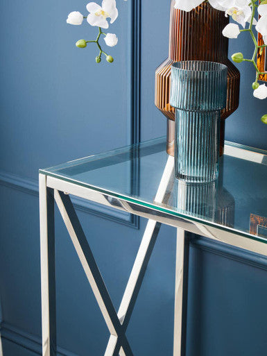 Silver Minimal Console Table with Cross Detail and Clear Tempered Glass Top, Allure