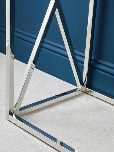 Silver Minimal Console Table with Cross Detail and Clear Tempered Glass Top, Allure