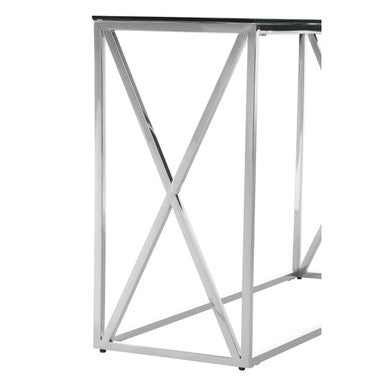 Silver Minimal Console Table with Cross Detail and Clear Tempered Glass Top, Allure