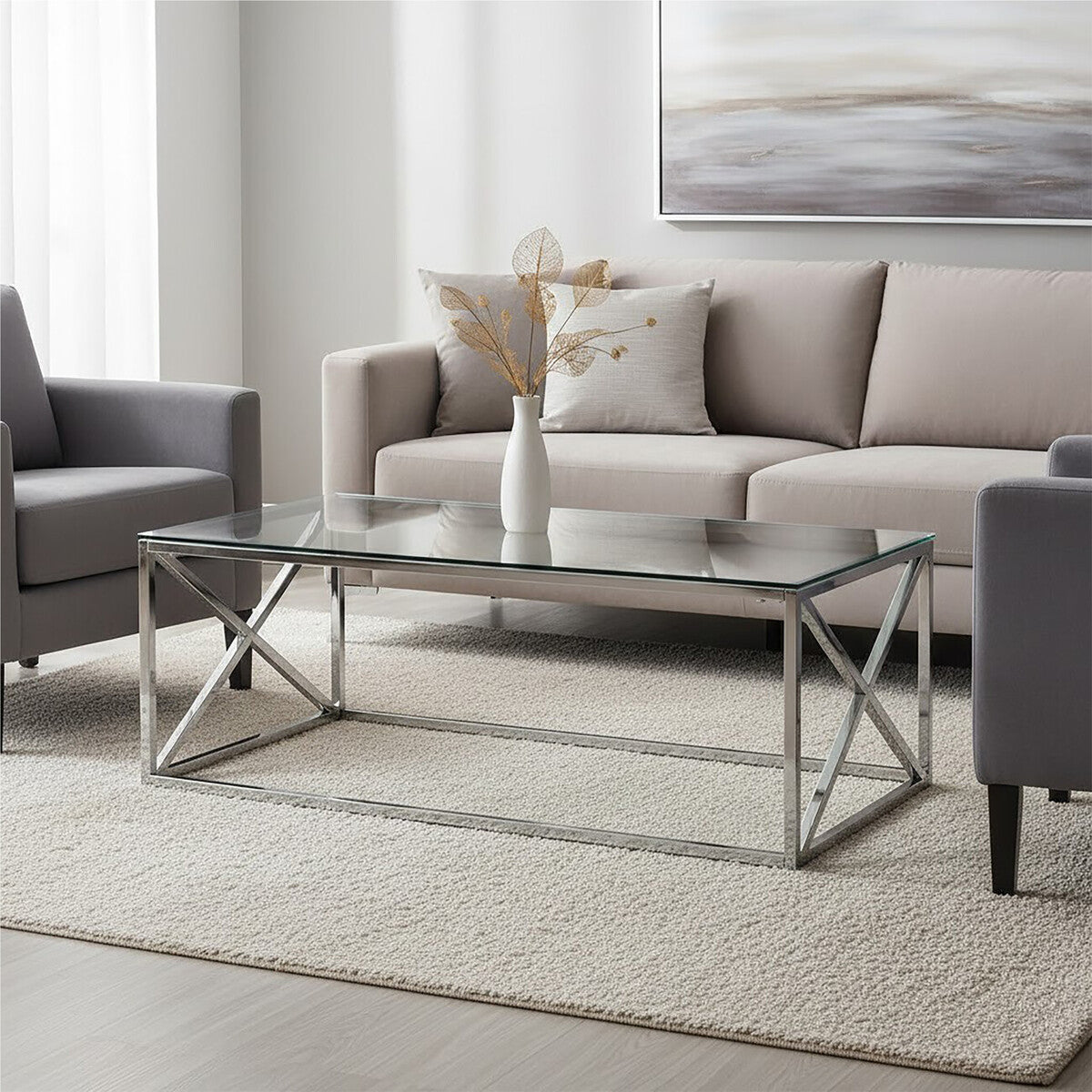 Silver Finish Coffee Table with Cross Frame and Tempered Glass Top, Allure