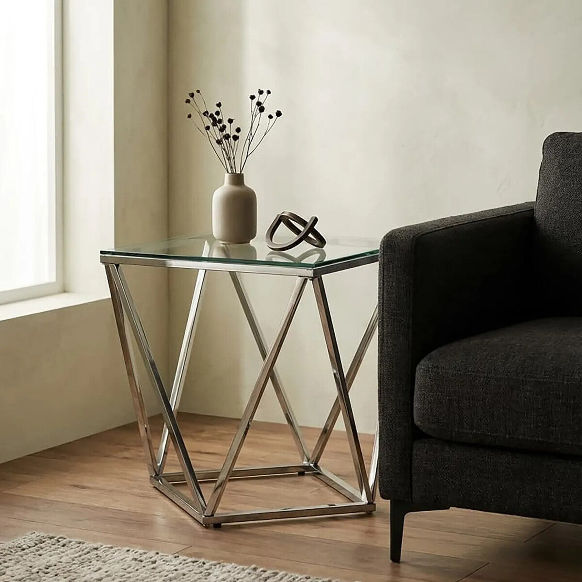 Allure Clear Glass Side Table with Silver Finish Base