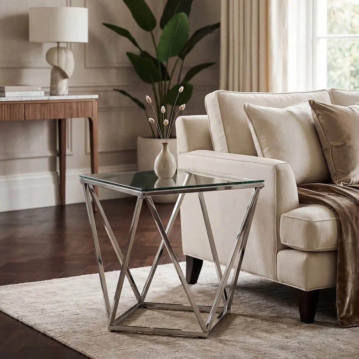 Allure Clear Glass Side Table with Silver Finish Base