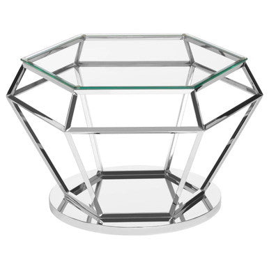 Silver Finish Diamond Design End Table with Clear Tempered Glass Top, Allure
