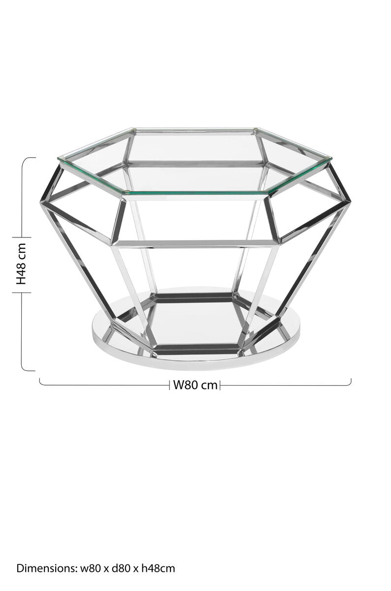 Silver Finish Diamond Design End Table with Clear Tempered Glass Top, Allure