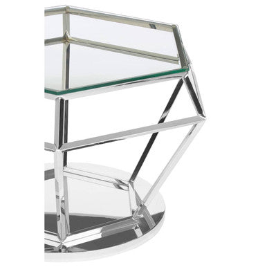 Silver Finish Diamond Design End Table with Clear Tempered Glass Top, Allure