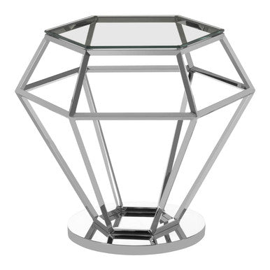 Allure Clear Glass Side Table with Silver Finish Diamond Base