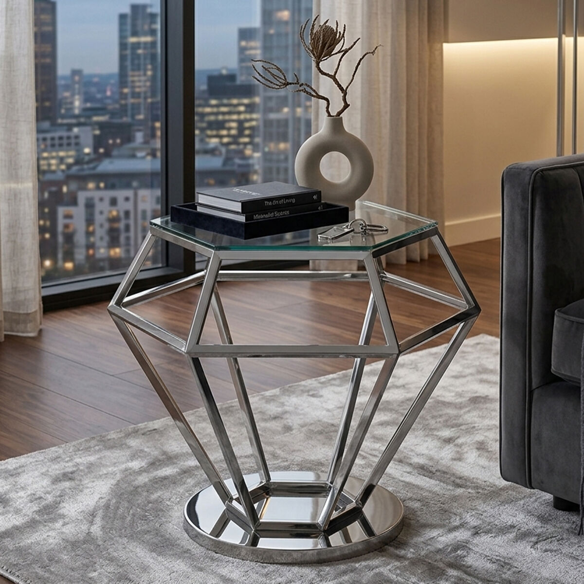 Allure Clear Glass Side Table with Silver Finish Diamond Base