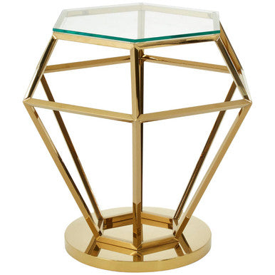 Allure Clear Glass Side Table with Gold Finish Diamond Base