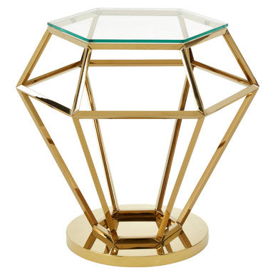 Allure Clear Glass Side Table with Gold Finish Diamond Base