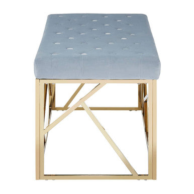 Allure Powder Blue Velvet Bench with Geometric Gold Finish Base