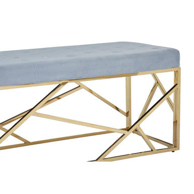 Allure Powder Blue Velvet Bench with Geometric Gold Finish Base