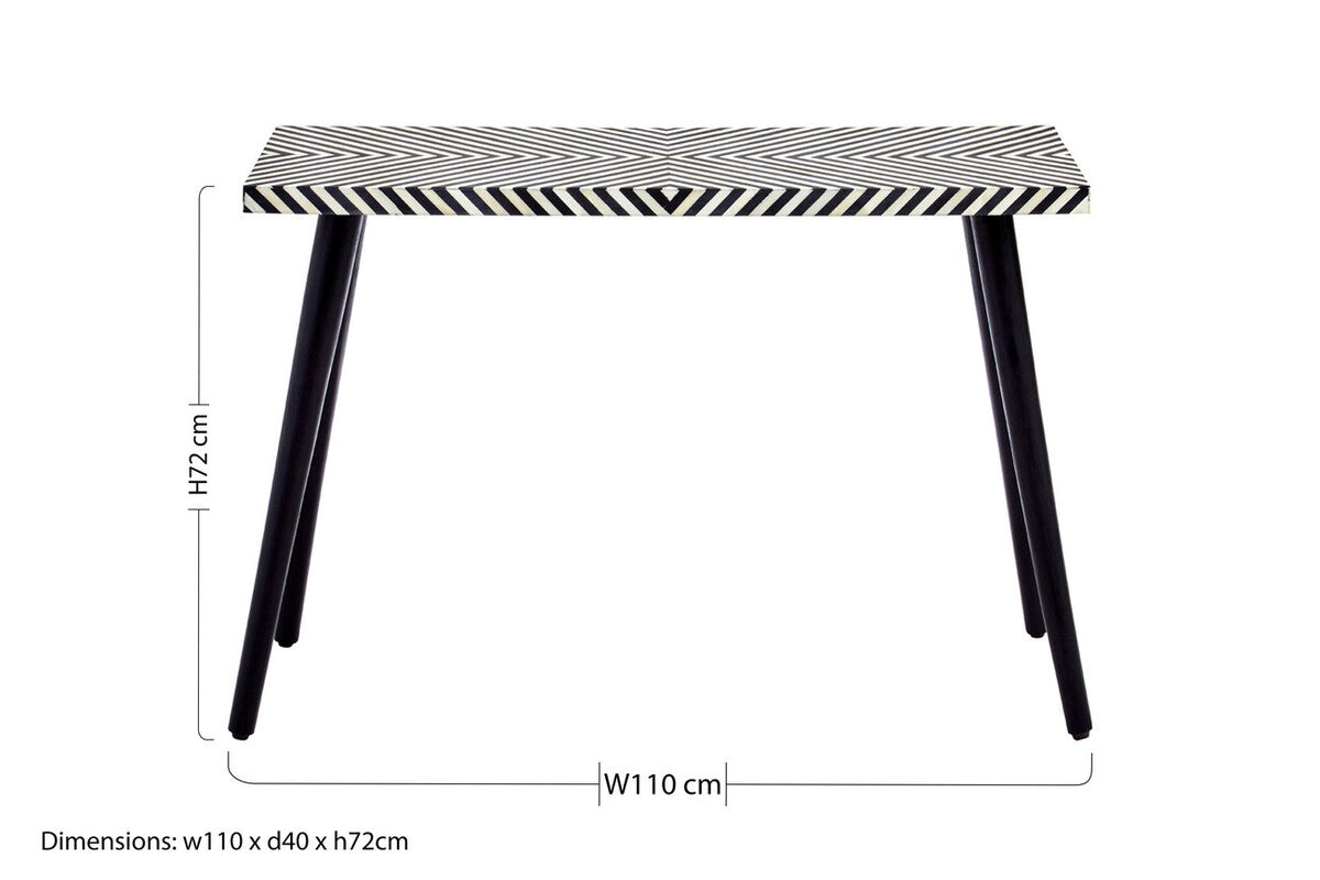 Black Chevron Bone Inlay Console Table with Slim Metal Legs, Boho