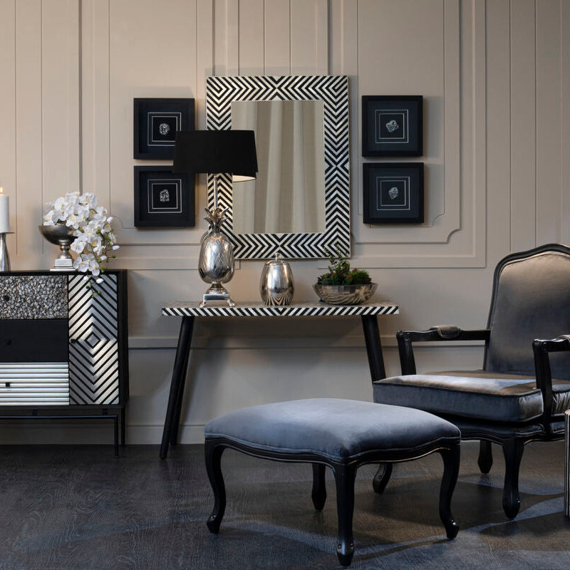 Black Chevron Bone Inlay Console Table with Slim Metal Legs, Boho