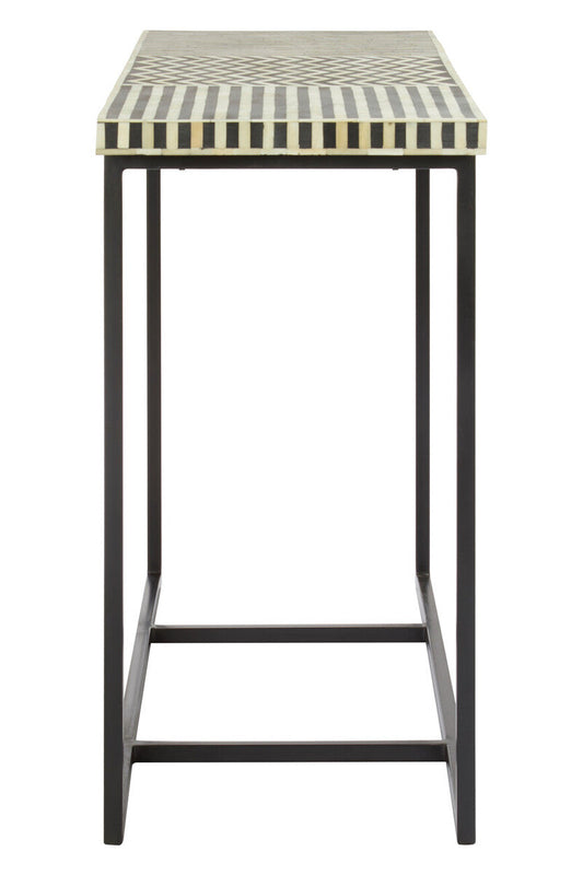 Black Console Table with Bone Inlay Pattern Top and Black Metal Base | Boho