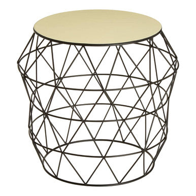 White Ivory Enamel Top Side Table with Black Metal Geometric Openwork Base, Corina