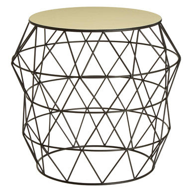 White Ivory Enamel Top Side Table with Black Metal Geometric Openwork Base, Corina